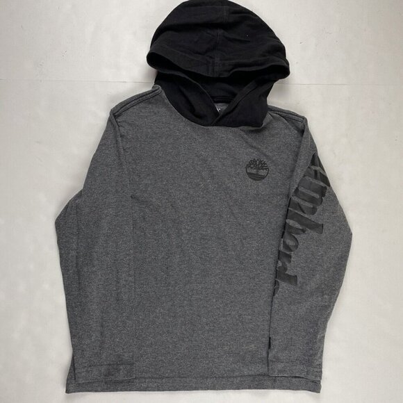 TIMBERLAND Hooded T-Shirt Youth Boys M(10-12) Long Sleeve Spellout Gray Black - Picture 1 of 8
